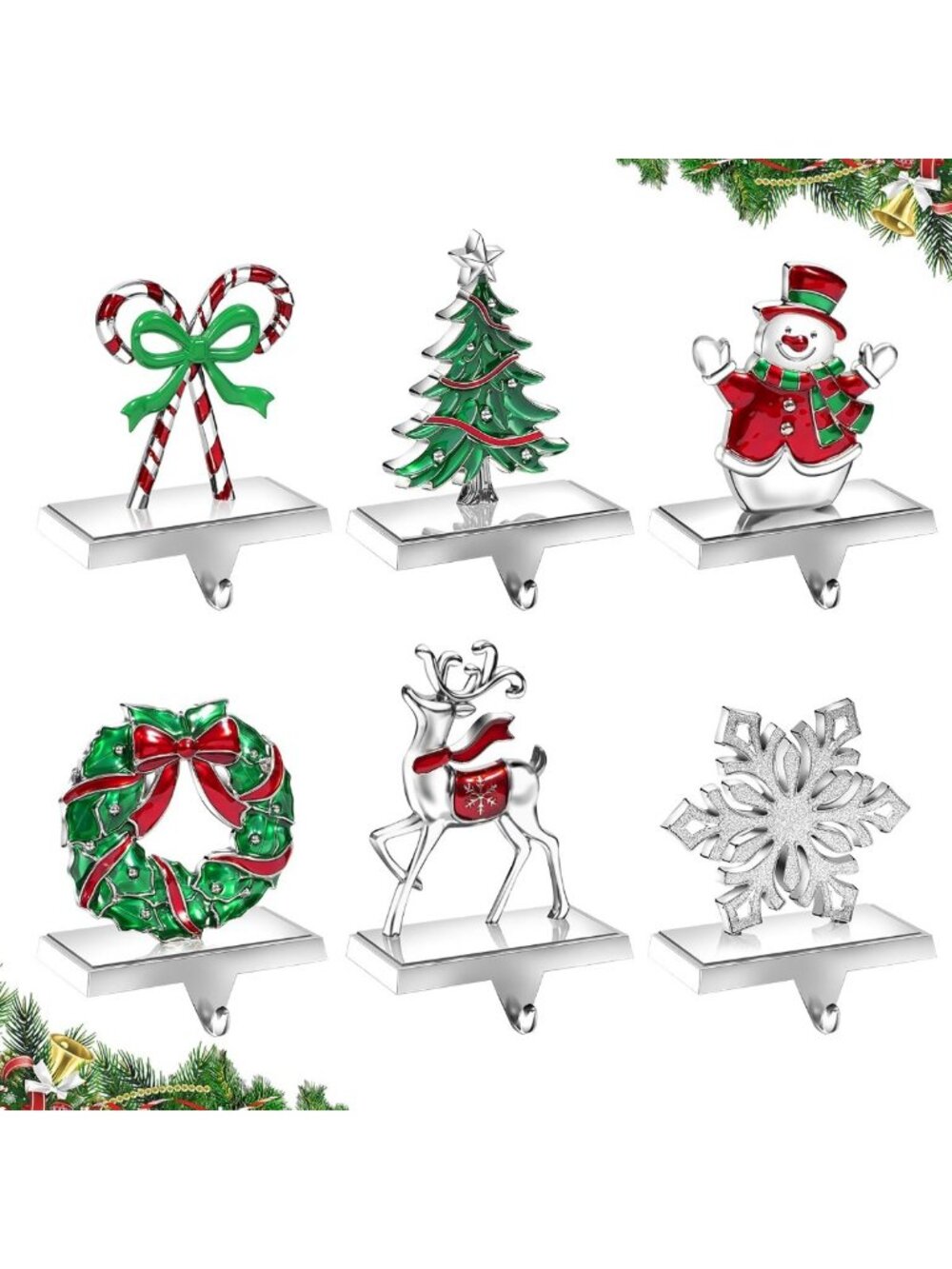 Set of 6 Heavy Duty Christmas Stocking Holders - 3D Weighted Hooks for Mantle